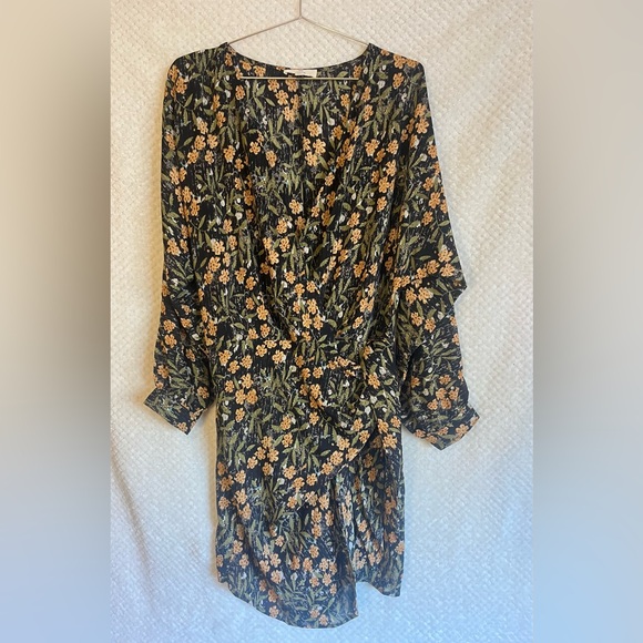 entro Dresses & Skirts - Entro Wrap Dress Floral Long Sleeve Dress Bishop Sleeves V Neck Black Green MED